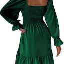LYANER Women's Square Neck Lantern Long Sleeve Shirred Ruffle A Line Flowy Party Mini Dress (Green) Large
