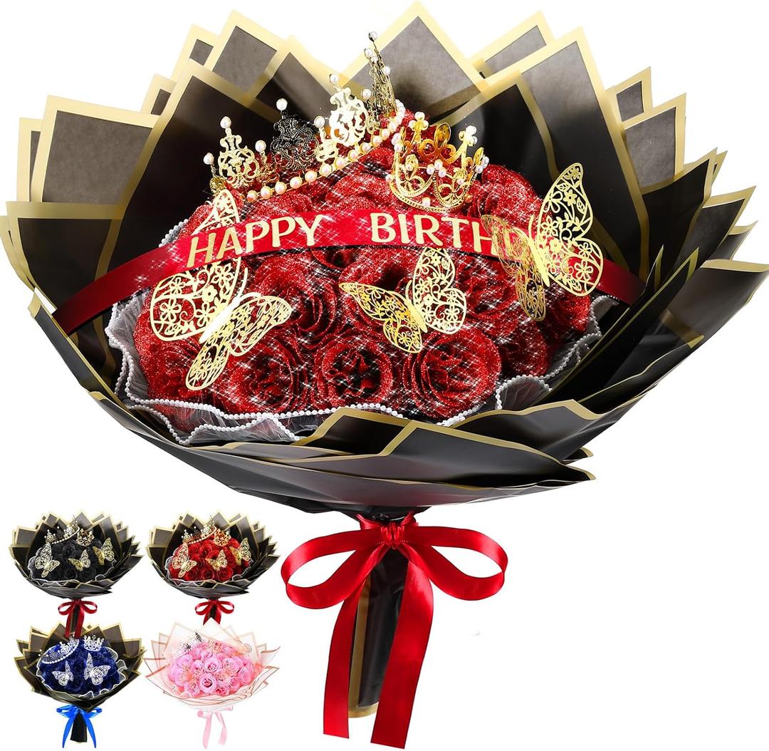 Thiccywoov 36 Pcs Glitter Roses Bouquet Artificial Rose DIY Flower Bouquet Kit Flower Wrapping Paper 3D Butterflies Crowns for Mom Graduation Birthday (Red)
