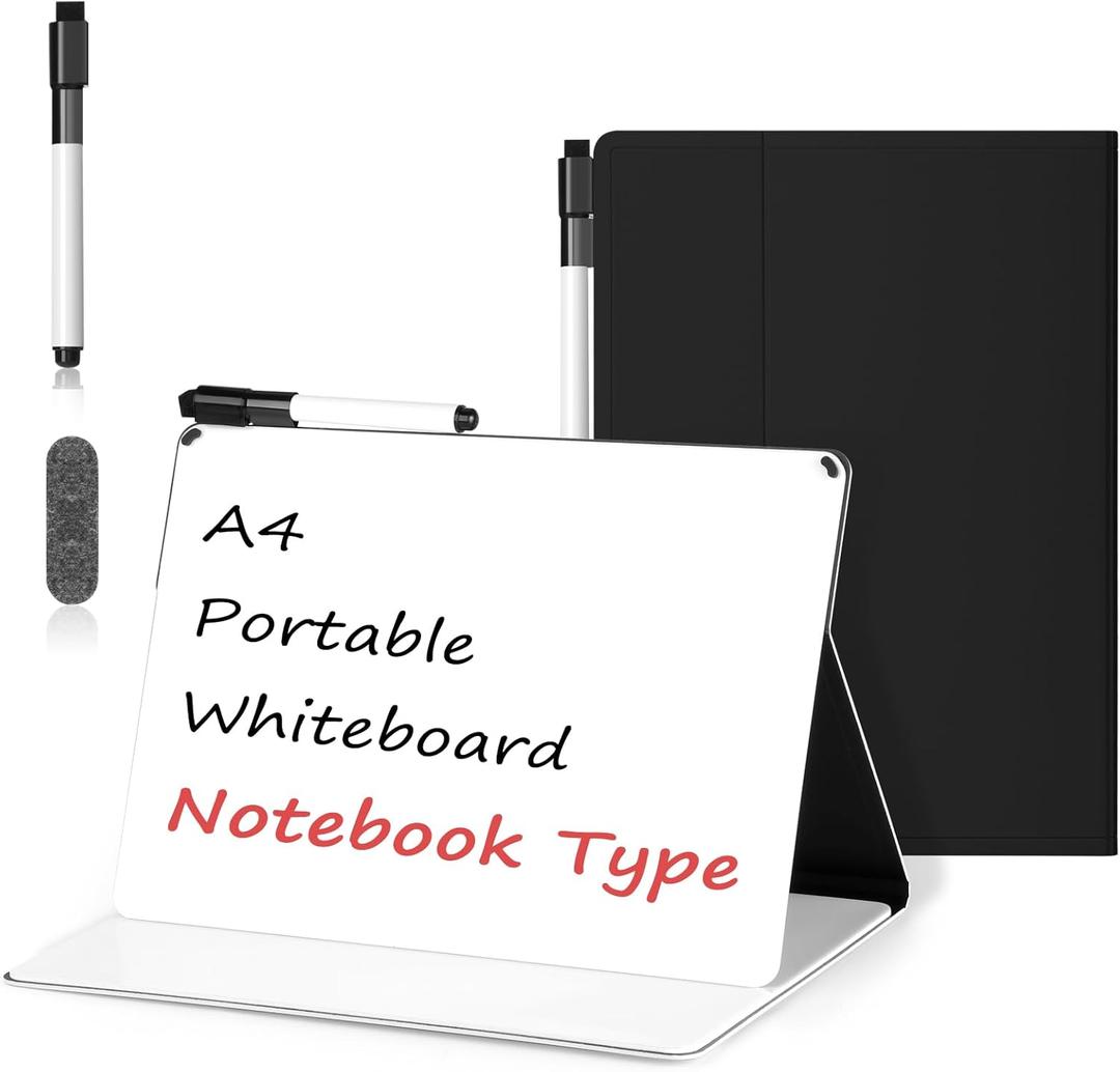 Mini Whiteboard 12"x9" Small White Board Dry Erase, Erasable Notebook Foldable Desk Whiteboard Holder Dry Erase Board, Office, Home, Travel, School, Portable (Black)
