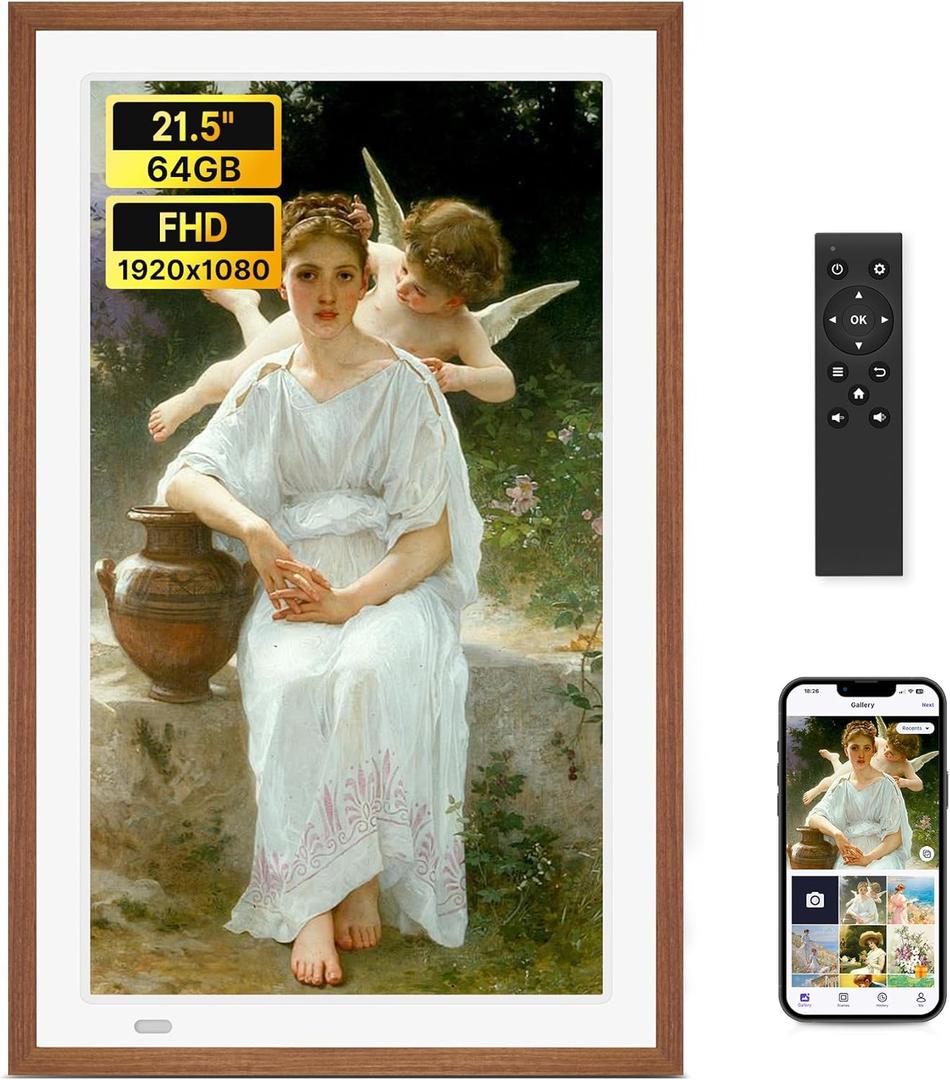 Uhale 21.5" Large Digital Picture Frame with Remote Control, 1920 x 1080 FHD IPS Display Wood WiFi Photo Frames 64GB, Wall Mounted, Auto Rotate, Support USB and SD Card, Instantly Share Photos Videos