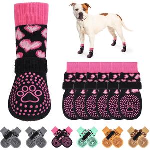 KOOLTAIL Anti Slip Dog Socks for Hot/Cold Pavement to Prevent Licking Paws, Dog Boots&Paw Protector with Grippers for Hardwood Floors,Pink Heart Valentine's Socks Booties for Large Dogs L