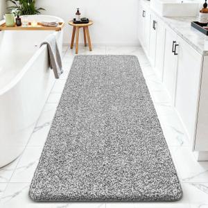 ISEAU Bathroom Runner Rugs 24x60, Super Absorbent Microfiber Large Bath Mat, Non-Slip Long Shower Rug with TPR Backing, Thick Plush Machine Washable Bathmat for Bathrooms Decor, Light Grey/White