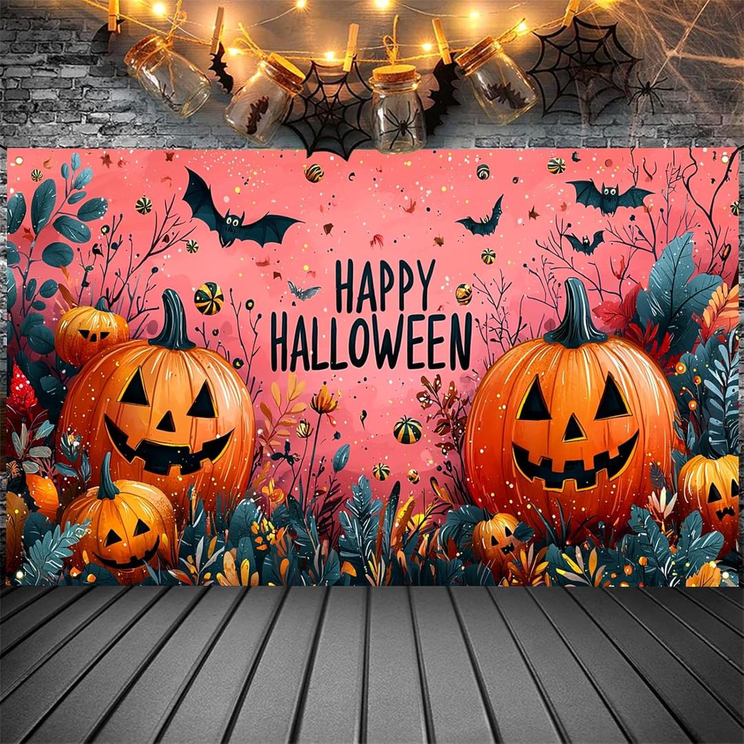 Pink Halloween Decor Happy Halloween Kids Banner, 4x6 ft Night Party Decorations, Spooky Indoor Ghost Banner (Orange Pumpkin)