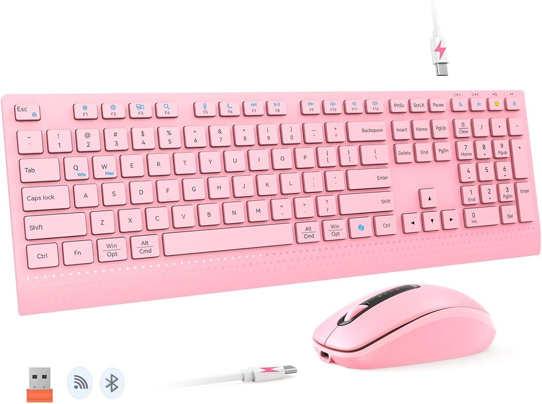 MEETION Wireless Keyboard and Mouse, 2.4 GHz Wireless/Bluetooth, Multi Device Full Size Slim Rechargeable Keyboard, 3800 DPI Optical Mouse, for Windows/Mac, Laptop Computer Desktop iPad Phone, Pink (Pink New Upgrade)