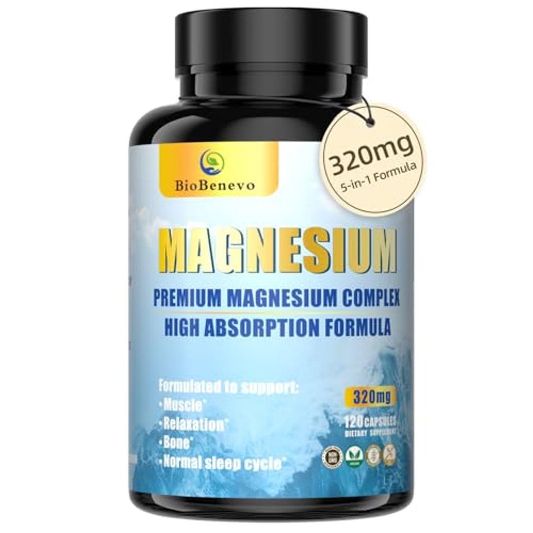5-in-1 Magnesium Complex | 320mg of Magnesium Glycinate, Malate, Citrate… | Support for Sleep, Muscle Relaxation, and Energy Metabolism | High Absorption | Vegan, Non-GMO | 120 Capsules EXP: 03/2027