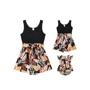 PATPAT Mommy and Me Matching Rompers Black Leaf Print Suspender Sleeveless Crewneck Matching Jumpsuits For Women S