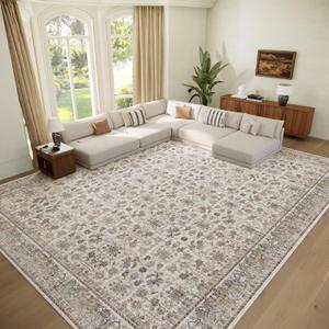 Washable 10x14 Area Rugs for Living Room, Boho Non-Slip Vintage Distress Large Rugs for Bedroom Dining Room Office, 0.3" Neutral Oriental Throw Thin Carpet, Cream/Blue/Orange/Multi