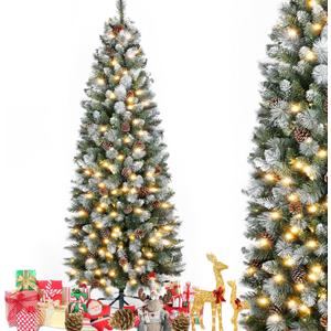 6FT Pre-Lit Christmas Tree, Artificial White Spraying Snow Flocked Pencil Holiday Decoration with 250 Warm LED Light & 37 Pine Cone, Metal Stand, 595 Tips for Indoor and Outdoor Use, Green