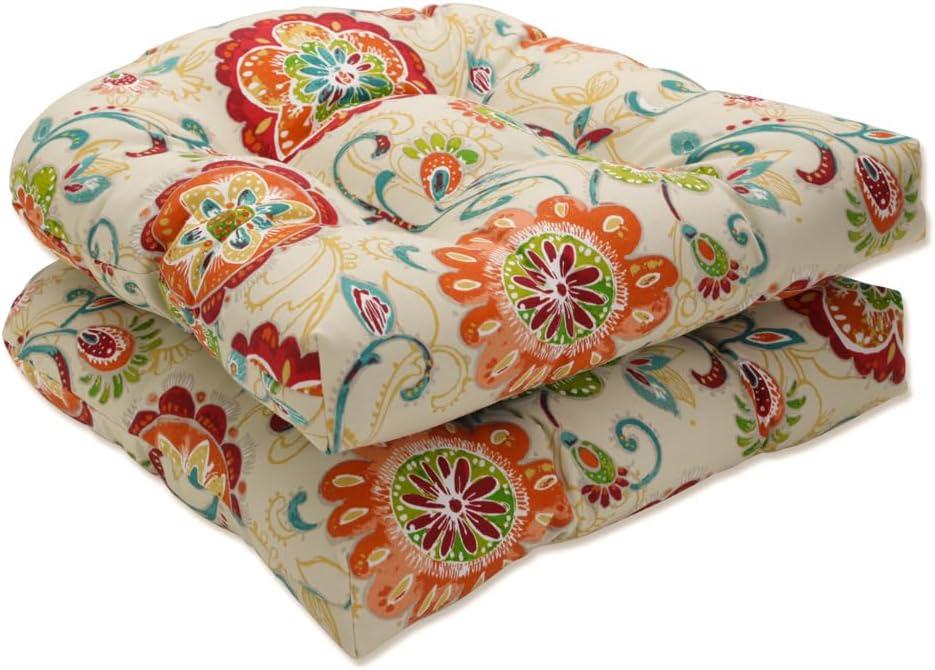 Pillow Perfect Bright Floral Indoor/Outdoor Chair Seat Cushion Tufted, Weather, and Fade Resistant, 19" x 19", Tan Fanfare 2 Count