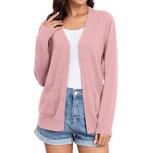 TASAMO Women's Button Down V Neck Long Sleeve Soft Knit Cardigan Sweaters A- Pink M
