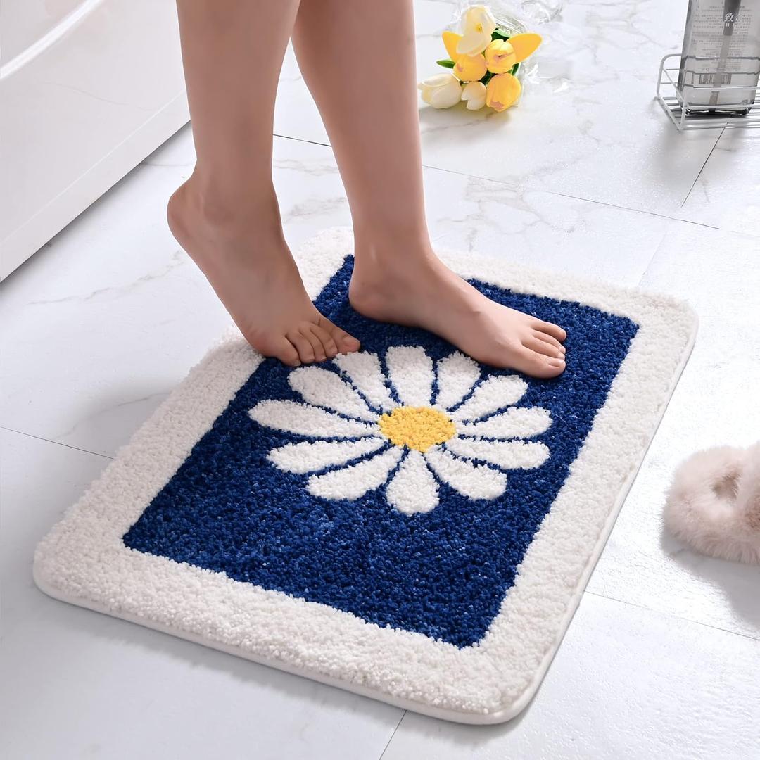 Bath Mat, White Flower, 16"x24", Non Slip, Machine Washable (Blue)