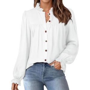 Women's Dressy Casual Blouses Business Work Tops Long Sleeve Crew Neck Pleated Shirts Fall Outfits White, XL