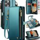 Defencase Compatible with iPhone 16 Pro Case Wallet with RFID Blocking Card Holder for Women Men, PU Leather Magnetic Snap Flip Zipper Strap Wallet Phone Case Fit for iPhone 16 Pro 6.3", Blue Green