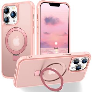 Magnetic Compatible with iPhone 13 Pro Case with Stand [Military Grade Drop Tested][Compatible with Magnet] Ring Translucent Slim Hard Back Soft Edge, Pink