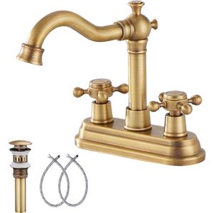 GGStudy Antique Brass Bathroom Faucet - 2 Handles, 4 Inches Centerset, RV Vanity With Drain Assembly and Supply Hose - Lavatory Mixer Double Handle Tap