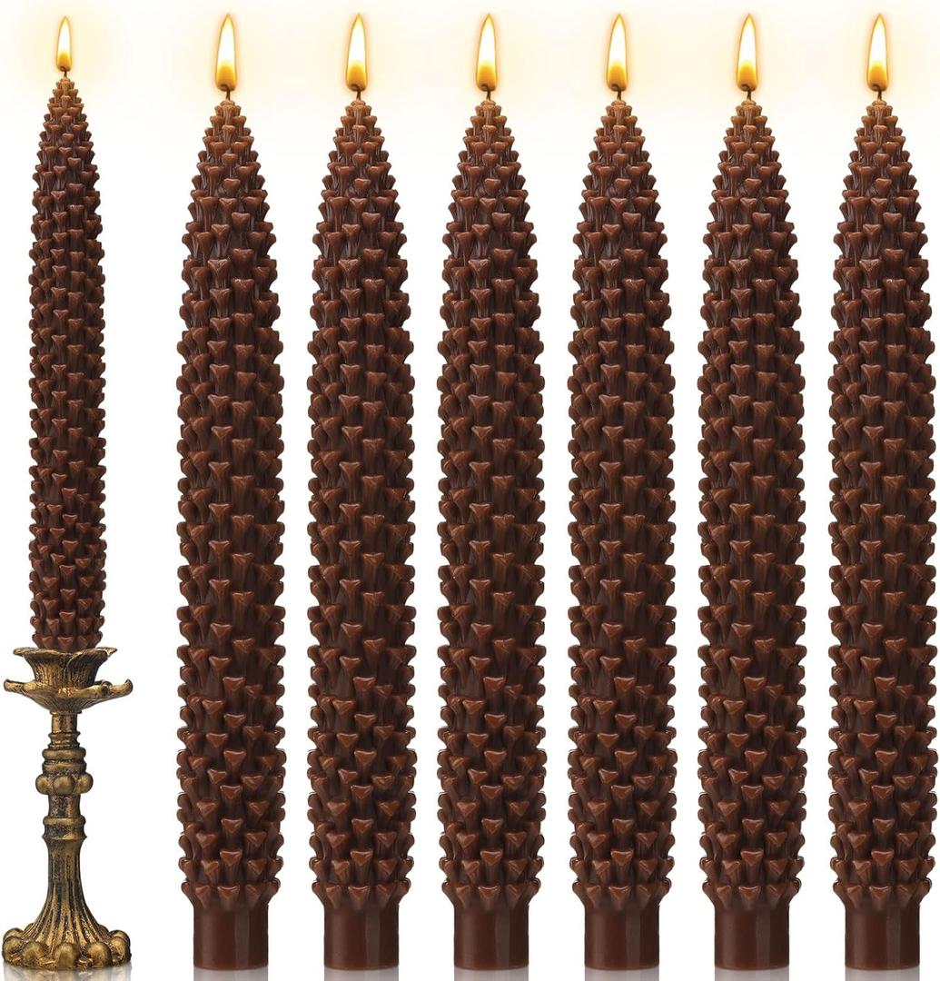 Nuanchu 6 Pcs Pinecone Shaped Taper Candles Brown Pinecone Candle Autumn Table Centerpieces Harvest Candlesticks Gifts Fall Farmhouse Decoration for Dinner Holiday Autumn Thanksgiving Harvest