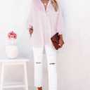 Women's Smocked Cuffed Striped Boyfriend Shirts Button Down Casual Collar Long Sleeve Blouse Shirt Tops (L)