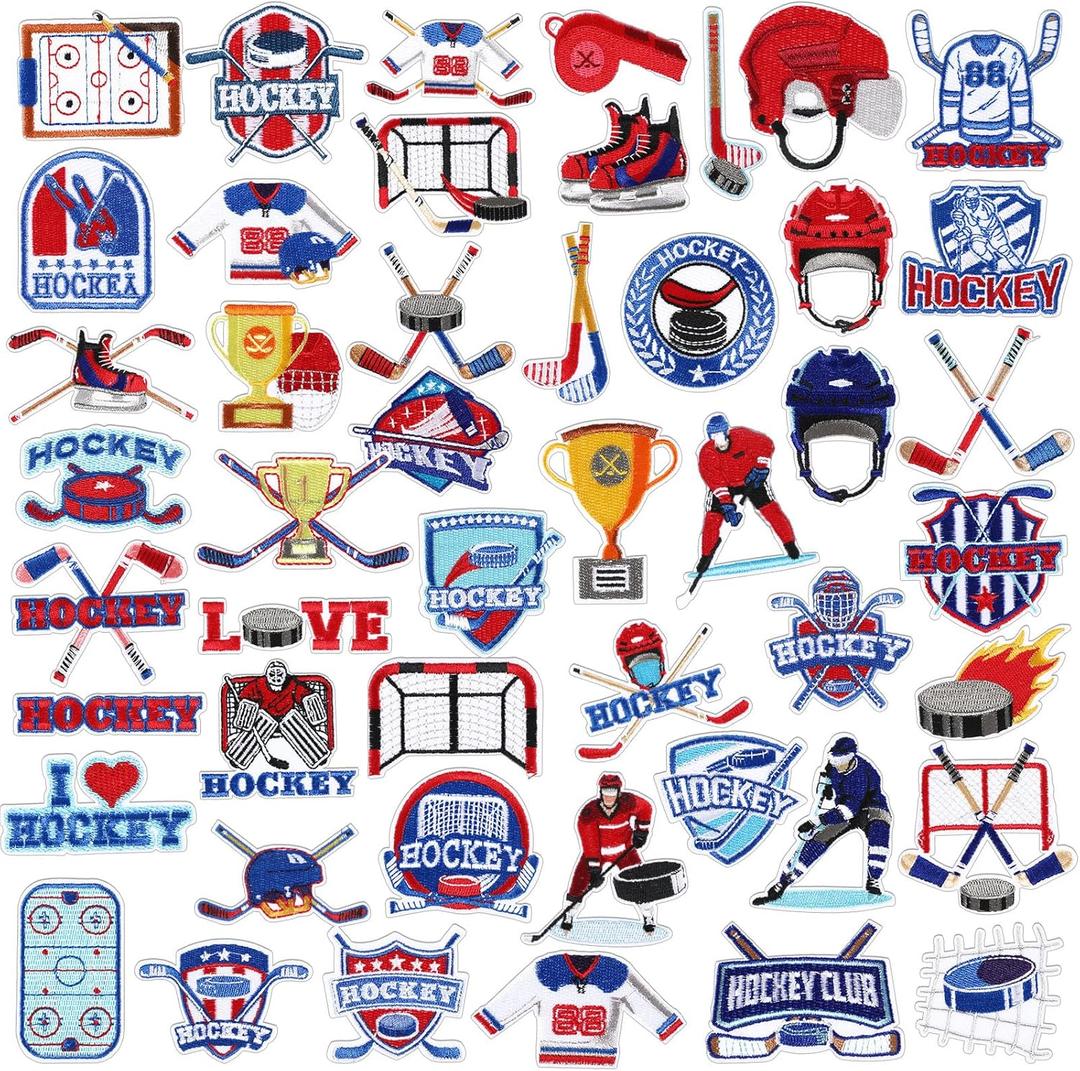 Tigeen 48 Pcs Hockey Iron on Patches Sports Ball Embroidery Applique Hockey Party Sewing Patches for Clothing, Jackets, Jeans, Bags, Dress, Hats DIY Applique Emblem Accessory