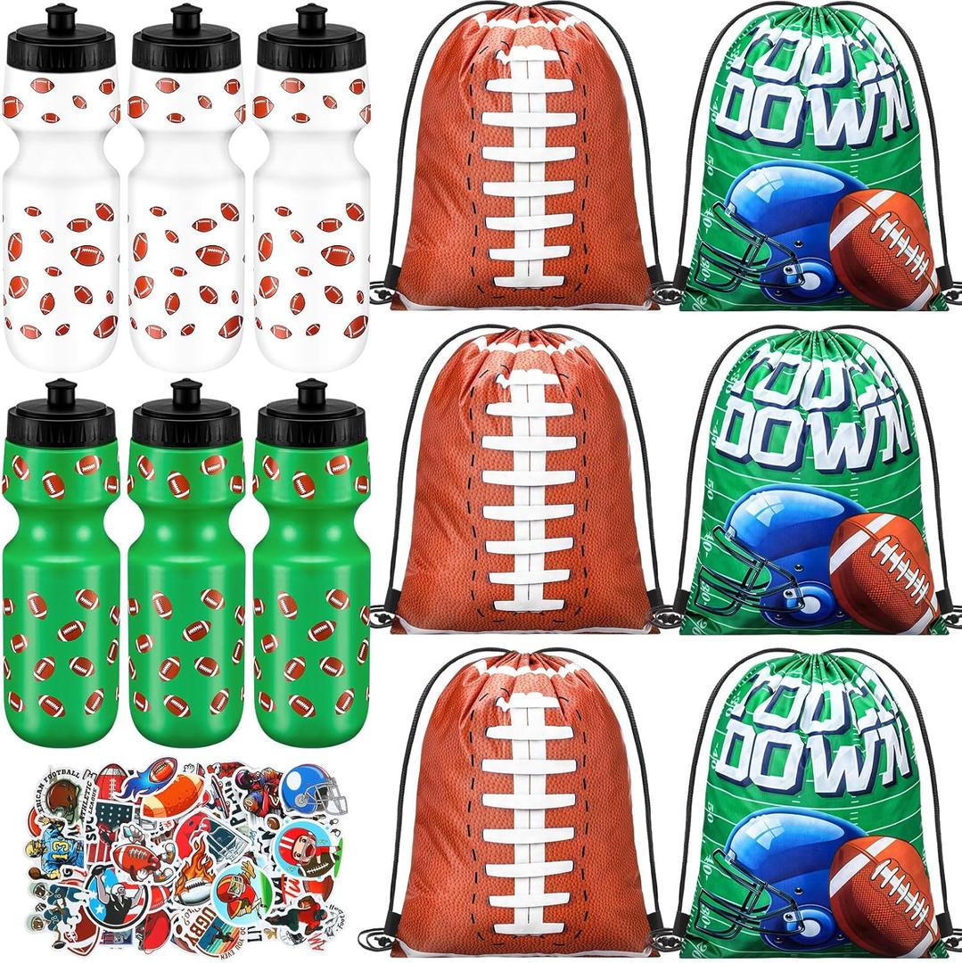 12 Pcs 24 Oz Football Water Bottle Bulk Drawstring Bag and 50 Sticker Set Include 6 Football Theme Squeeze Water Bottle 6 Drawstring Backpack for Team Gifts Sport Events Party Favors
