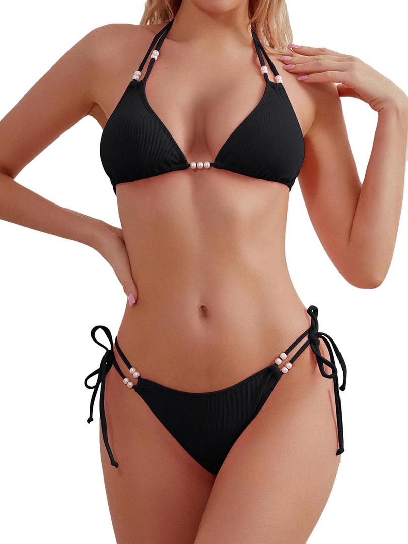 TASHEHE Women's Triangle String Bikini Set Sexy Tie Side Two Piece Swimsuit Cute Halter Bathing Suit (Medium, Black)