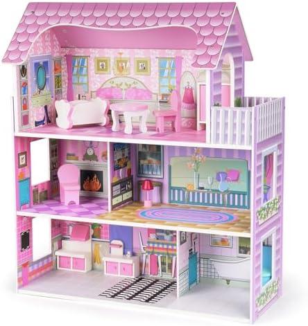 Wooden Dollhouse for Girls, 3-Story Doll House Playset with Furniture & Accessories, Large DIY Wooden Pink House for Kids, Pretend Play Dollhouse Kit, for Toddlers & Girls