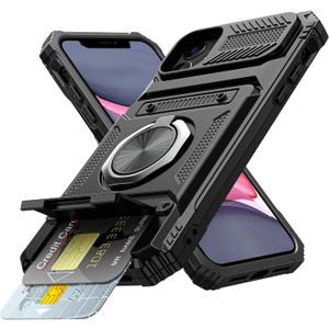 Vofolen for iPhone 11 Wallet Case with Card Holder [Store 2 Cards] + 360 Rotated Ring Stand Kickstand Dual Layer Heavy Duty Shockproof Wallet Phone Case for iPhone 11 for Women Men, 6.1 Inch Black