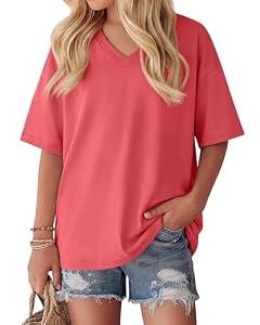 Oakgarden Girls' Shirts 5-14 Years Oversized Short Sleeve Summer T-Shirts V Neck Drop Shoulder Top Kids Casual Basic Cute Tee(Red,7-8 Years)