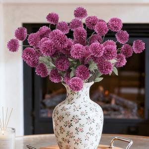INQCMY Artificial Flowers 12pcs Ball Chrysanthemums for Weddings Silk with Stemsdiy Champagne Bouquets Indoor and Outdoor Decoration Kitchen Table Decor (Deep Purple)