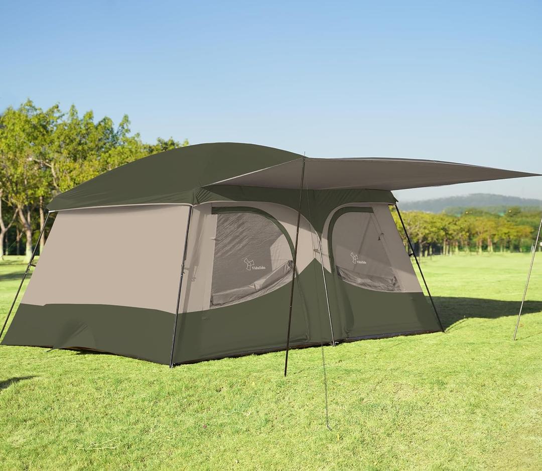 Vidalido Tents 8-10 Person Camping Tent with Extended Vestibule 2 Room Weather Resistant Family Tents Easy Install Waterproof Outdoor Tent for Camping Hiking (Green)