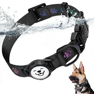 Dog Collar with Airtag Holder, IP67 Waterproof Reflective AirTag Dog Collars for Medium & Large Dogs, Adjustable Pet Collar with Twist-Lock Holder & Green Glow for Night (Black, XL, 18.1"-27.95")