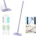 Hands Free Flat Mop One Click, Snap Grip Mini Mop, Cloth Changing Mini Mopa for Dry & Wet Pads, Automatic Gripping with Sweeping & Mopping, Long Handle Dust Mop for Hardwood Tile Small Space (Purple)