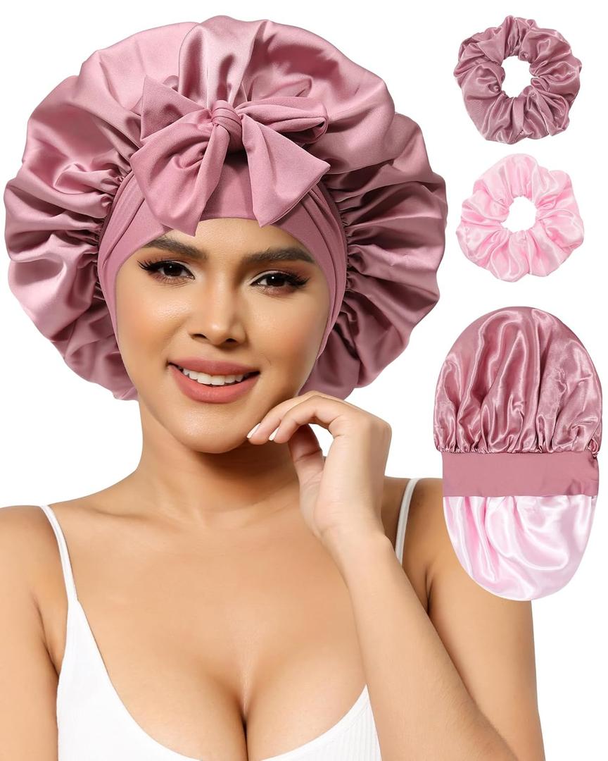 Satin Bonnets Silk Bonnet for Sleeping Women Hair Bonnet for Curly Hair Sleep Cap Reversible Double Layer Bonnets with Tie Band (Bean Paste Pink Bonnet + Satin Scrunchies) (7-7 3/8)