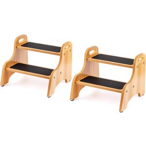 StrongTek 2 Pack Wooden 2 Step Stools for Kids & Adults, Non-Slip Surface, Skid-Resistant Foot Pads, 300 lbs Capacity, Portable with Handles, Safe & Sturdy Design for Kitchen, Bathroom, Bedroom, Home