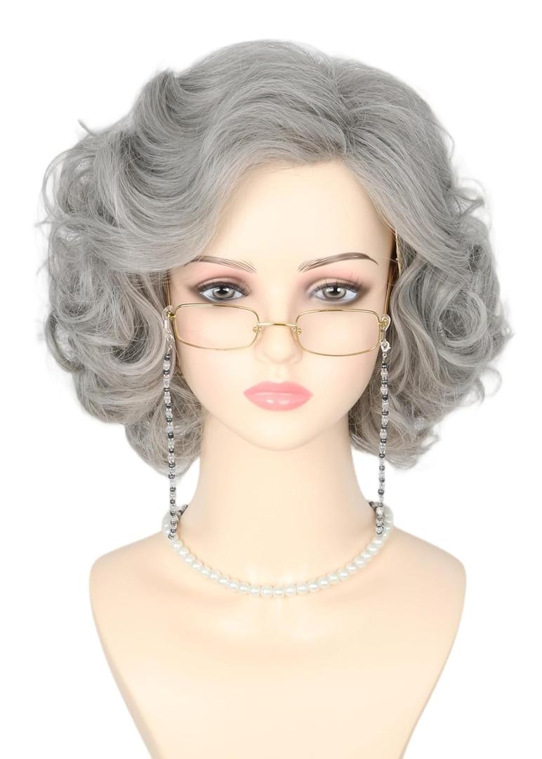 Old Lady Wigs for Women Short Curly Gray Granny Wig Old Lady Costume for Woman Halloween Costume 5 Piece Wig