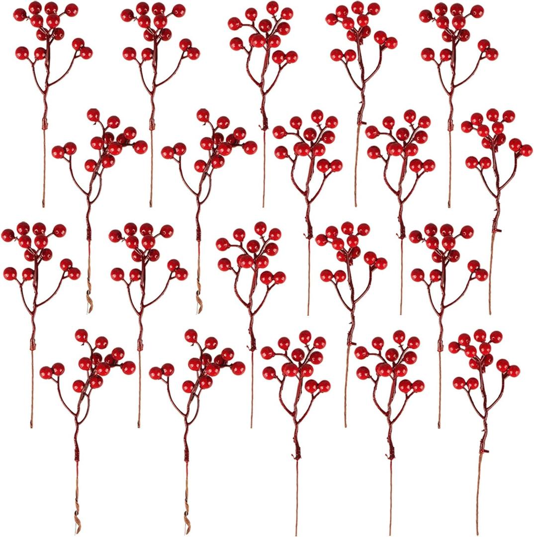 Fangoo 20 Pack 7 Inch Artificial Red Berry Picks for Christmas Tree, Burgundy Red Berries Stems, Holly Berry Branches, Ornaments Wreath Crafts Wedding, Holiday Season, Winter Home Decor