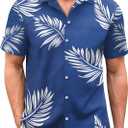 Hawaiian Shirt for Men Short Sleeves Tropical Printed Casual Button Down Summer Beach Floral Shirts (Large, Leaf Blue)