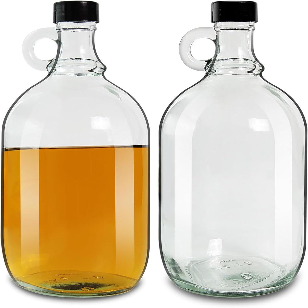 2 Pack 64oz Glass Gallon Jugs with Handle & Black Plastic Lids - Half-Gallon & Gallon Glass Fermenting Jugs for Kombucha, Home Brew, Vanilla Extract, Beer, Soda,Cider