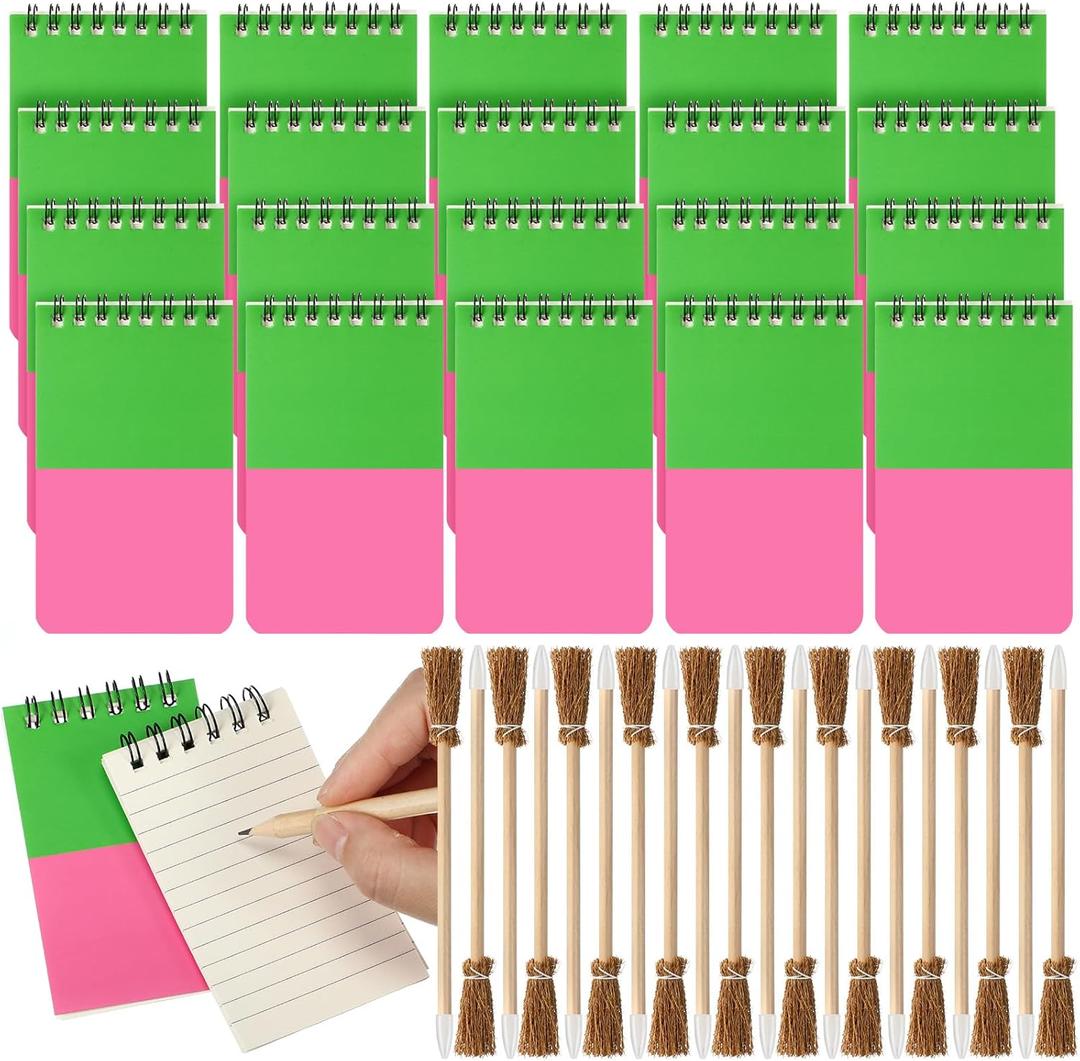 40 Pcs Mini Pink and Green Notebooks and Pencils Witch Party Favors Wizard Theme Spiral Notebook Set Bulk Princess and Witch Pocket Notepad and Broom Pencils for Party Supplies Gifts