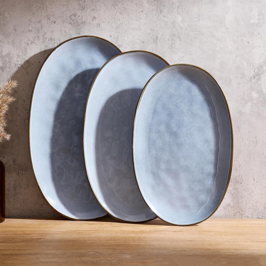 famiware Serving Platter, Oval 15.59/14.3/12.9inch Serving Dishes for Entertaining, Serving Bowls, Reactive Glaze, Stoneware Serving Trays for Party, Food, Turkey, Cheese, Ocean Series, Blue