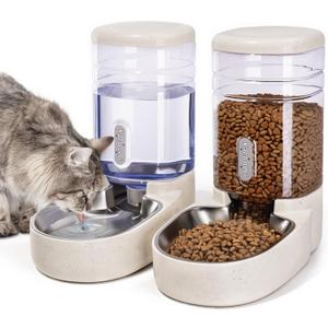 Automatic Cat Feeder and Water Dispenser with Stainless Steel Bowl Gravity Food Feeder and Waterer Set for Small Medium Dog Puppy Kitten 1 Gallon x 2(Beige)