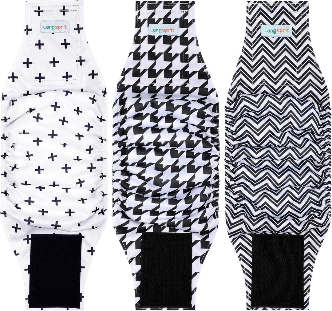 Langsprit Belly Bands for Dogs (Pack of 3) - High Absorbing Dog Wraps - Washable Reusable Male Dog Diapers (X-Small, Black and White)