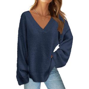 MEROKEETY Sweaters for Women Fall 2026 V Neck Oversized Cozy Chunky Knit Long Sleeve Fuzzy Fleece Pullover Winter Outfits (Small)
