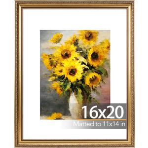 JCJMY 16x20 Vintage Picture Frame with 11x14 Mat, Elegant Retro 16 by 20 Photo Frame with Shatter-Resistant Plexiglass for Wall, Gallery Decor & Gift, Gold, Pack of 1