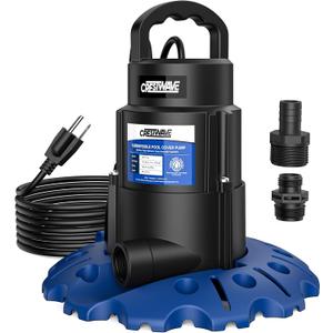 CrestWave 1/3 HP Automatic Pool Cover Pump, 3100GPH Auto On/Off Sump Pump with Weighted Anti-Tip Base & Clog-Resistant Dual Filter, 3/4'' GHT Adapters, 25ft UL Cord & Rope for Pool, Hot Tub, Basement