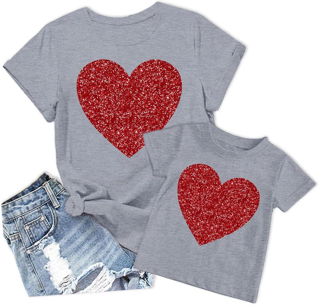 Mommy and Me Valentines Shirts Heart Graphic T-Shirt Family Matching Outfits Mom and Girls Valentine Gift Tee Tops (M)