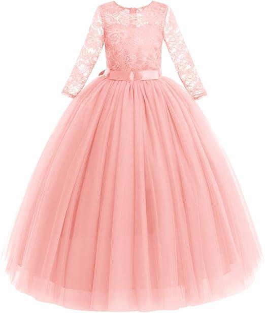 Flower Girls Long Lace Bridesmaid Dress 3/4 Sleeves Floor Length Wedding Party Evening Formal Pegeant Maxi Tulle Ball Gowns, 9-10 years
