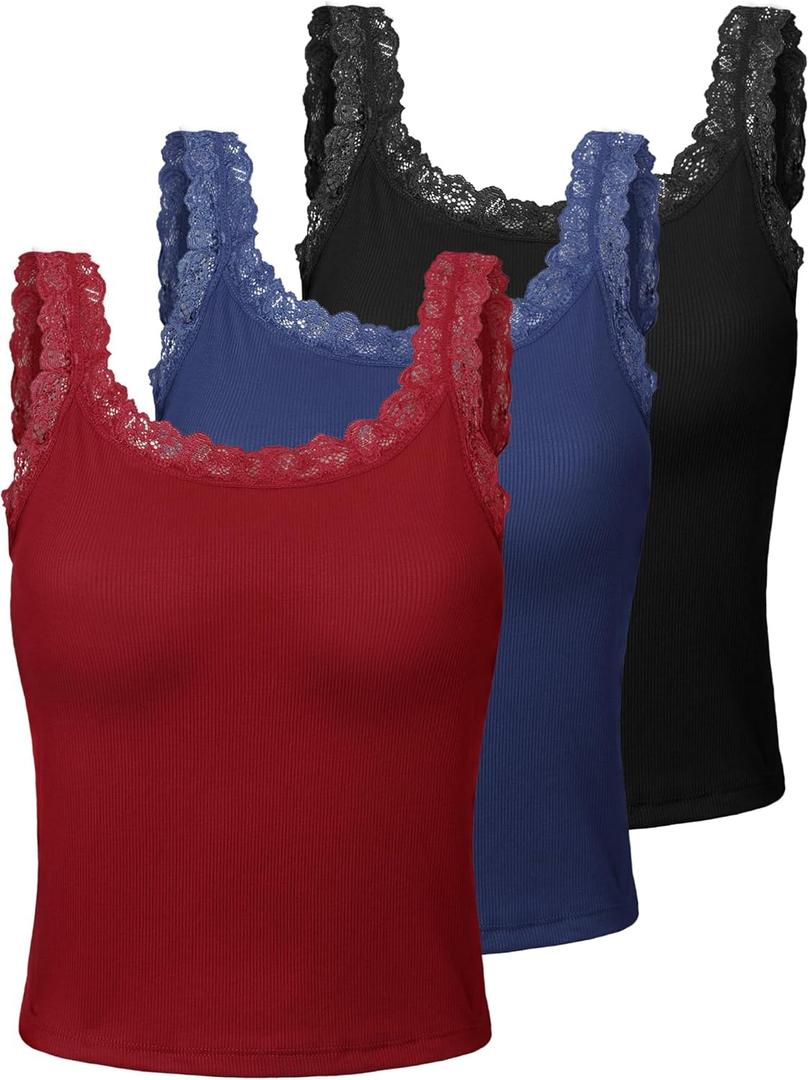 Sintege 3 Pcs Women's Lace Patchwork Tank Top Lace Camisole Tank Sleeveless Cami Crop Lacework Trim Y2k Tops (Medium, Black, Navy Blue,  Red)