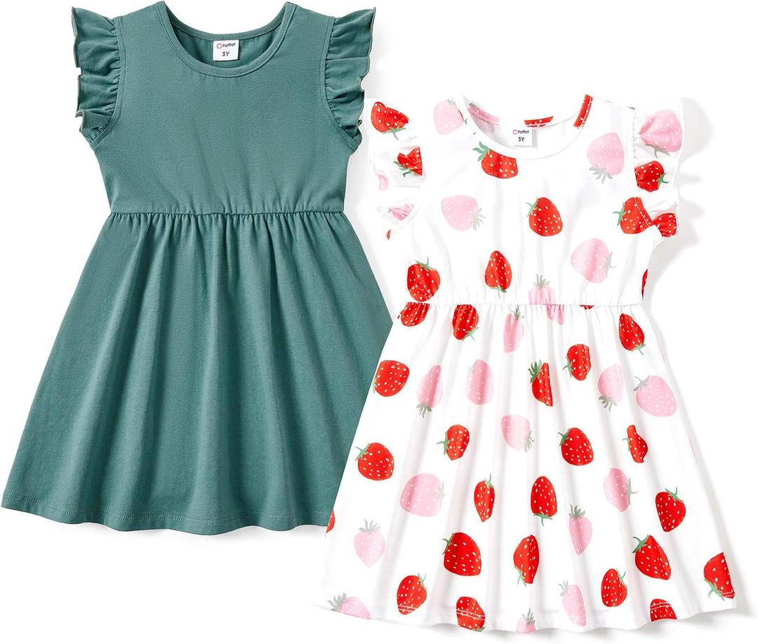 PATPAT Toddler Girl's Floral Dress Sets Pack Ruffle Sleeve Sleeveless A-line Skater Strawberry Dresses Set Green 2 Years
