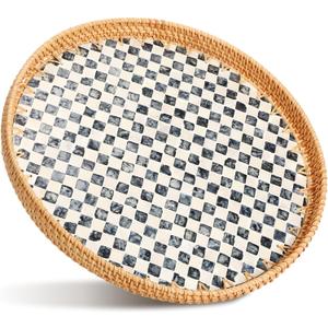 16 inch Round Rattan Tray with Mother of Pearl Inlay Wicker Serving Tray with Wooden Base Boho Decorative Wicker Basket for Table Decor Bathroom Candle Perfume(Black Checkerboard)