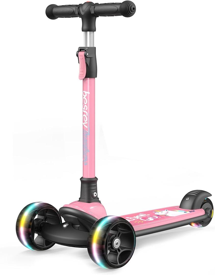 besrey 3 Wheel Scooter for Kids Ages 3-10 with 4 Adjustable Height | LED Light Wheels, Foldable Toddler Scooter, Extra Deck, Lean-to-Steer Design, Sturdy and Safe
